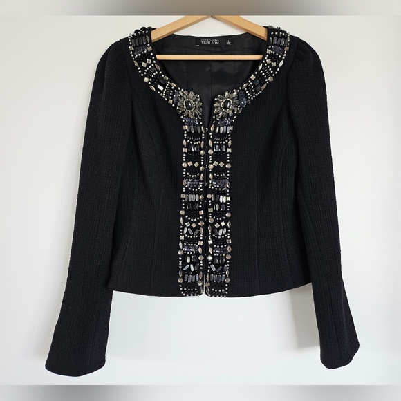 Rickie Freeman Teri Jon Black 100% Wool Jacket Womens Stones Beaded Formal Sz 6 - Picture 3 of 16
